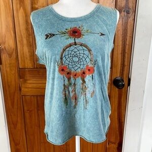 Umgee Teal Blue Sleeveless Dreamcatcher Lace up Distressed Knit Tank Small